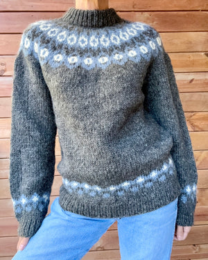 Vintage Icelandic Fair Isle Handknit Gray Sweater M L