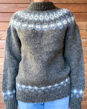 Vintage Icelandic Fair Isle Handknit Gray Sweater M L