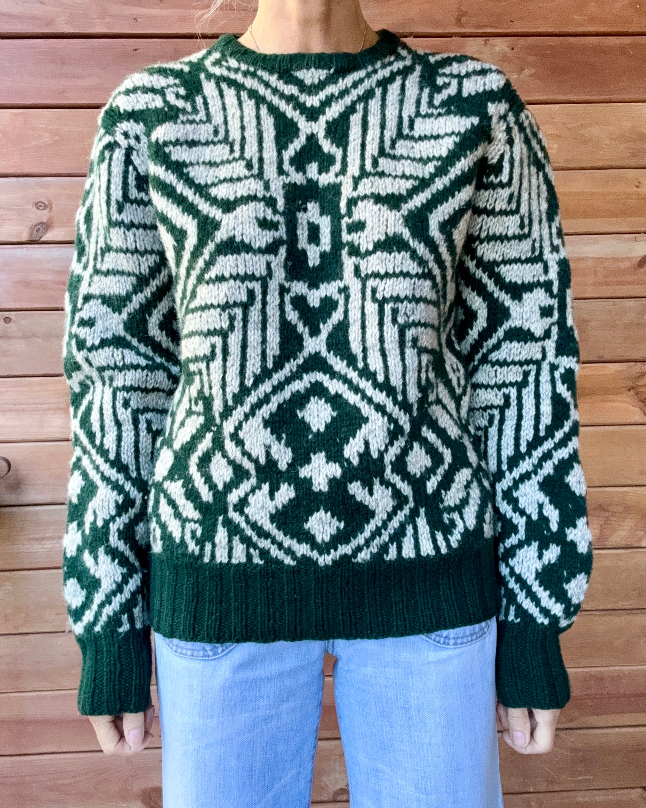 Vintage 1980s POLO Ralph Lauren Handknit Green and Grey Printed Sweater M L