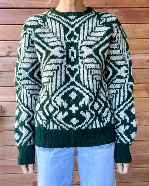 Vintage 1980s POLO Ralph Lauren Handknit Green and Grey Printed Sweater M L