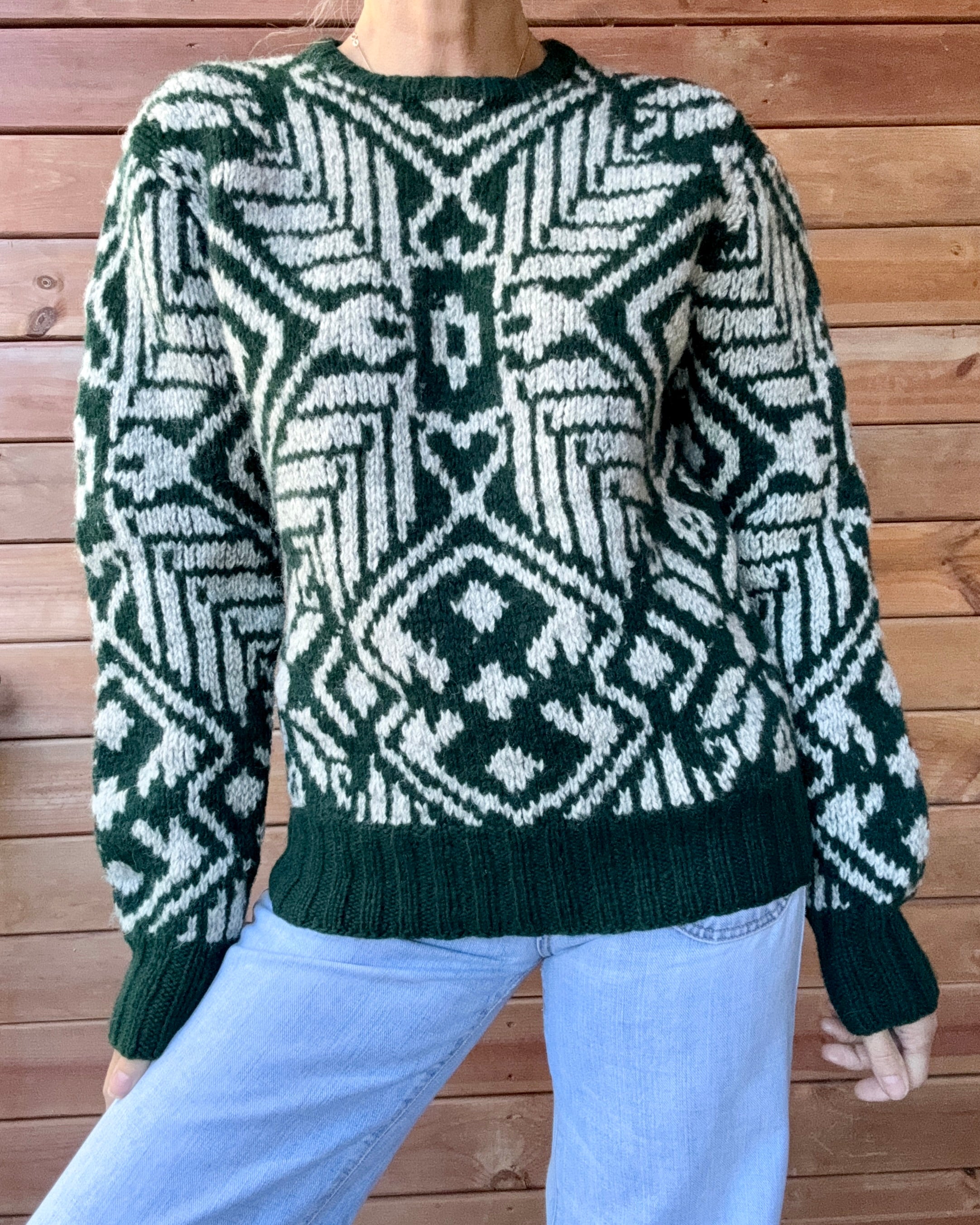 Vintage 1980s POLO Ralph Lauren Handknit Green and Grey Printed Sweater M L