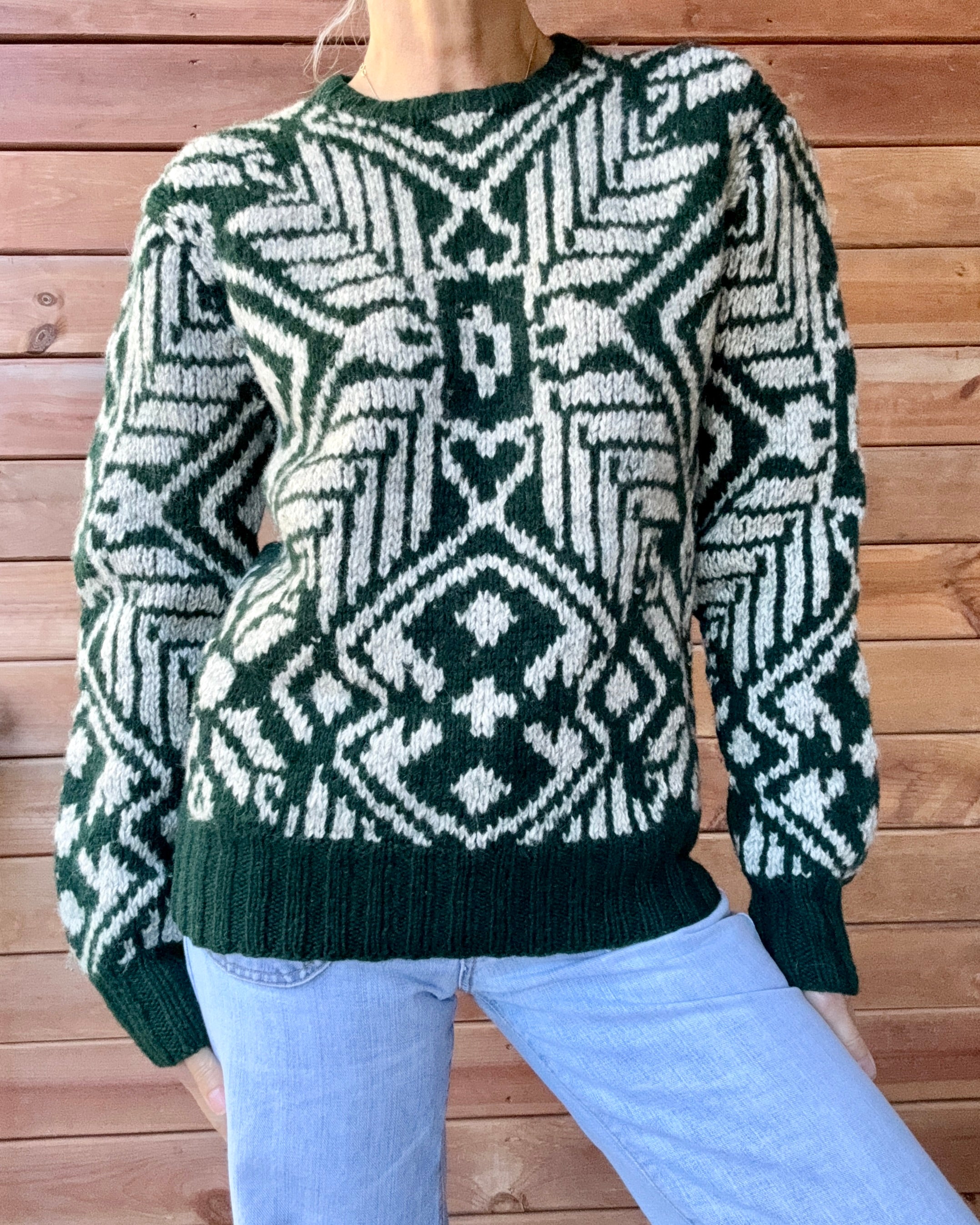 Vintage 1980s POLO Ralph Lauren Handknit Green and Grey Printed Sweater M L