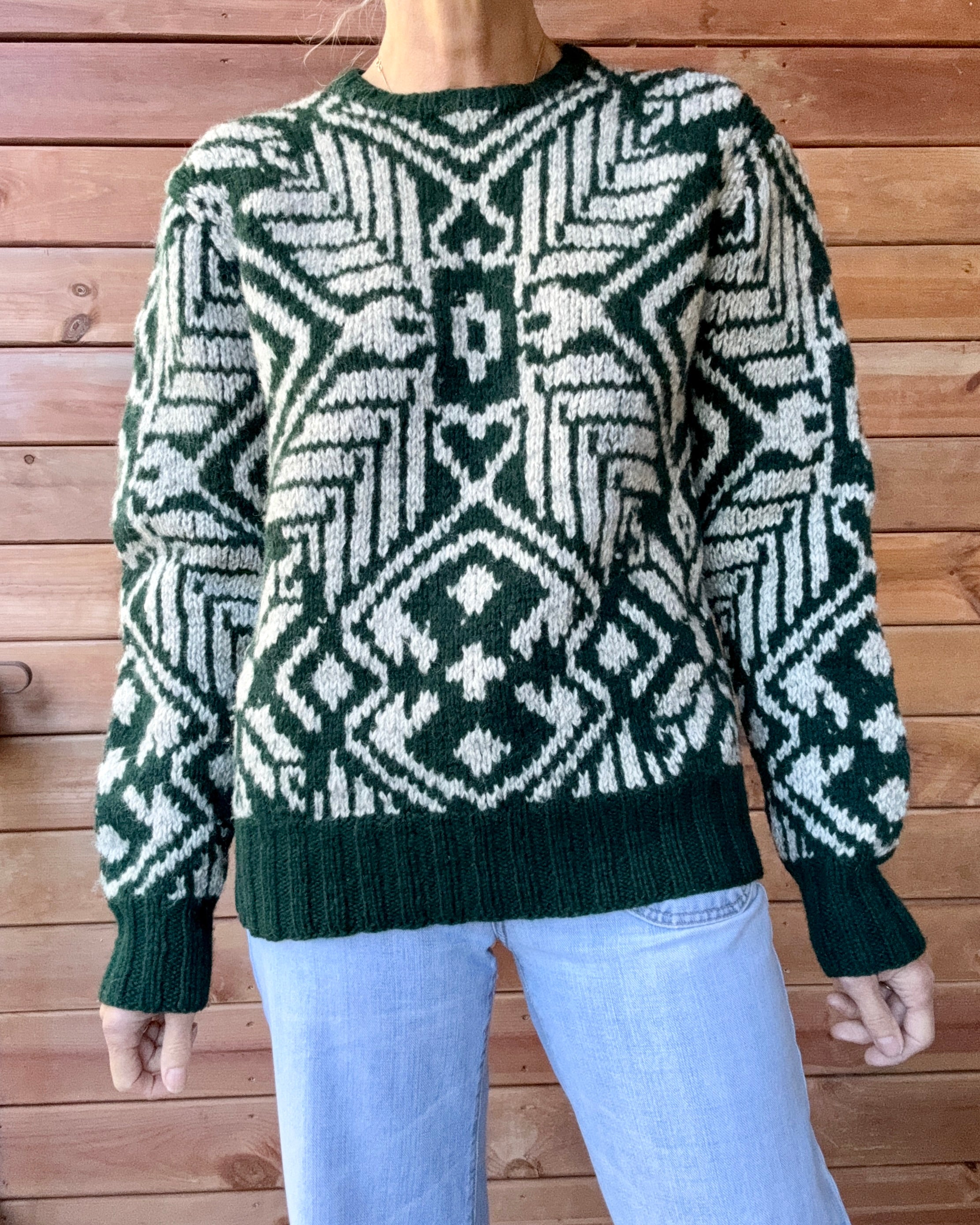 Vintage 1980s POLO Ralph Lauren Handknit Green and Grey Printed Sweater M L