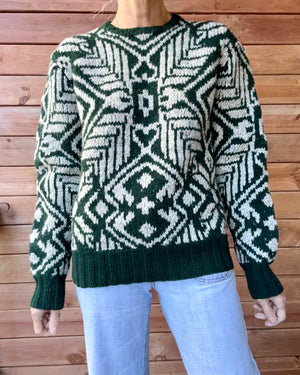 Vintage 1980s POLO Ralph Lauren Handknit Green and Grey Printed Sweater M L