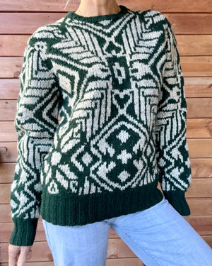 Vintage 1980s POLO Ralph Lauren Handknit Green and Grey Printed Sweater M L