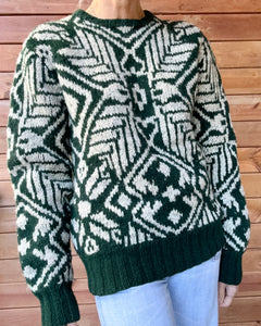 Vintage 1980s POLO Ralph Lauren Handknit Green and Grey Printed Sweater M L