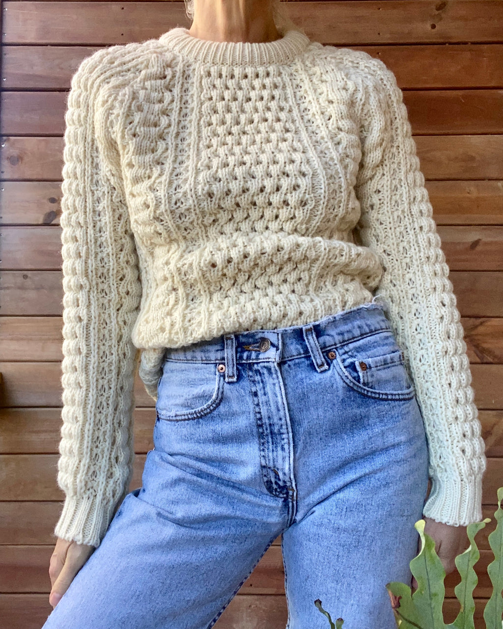 Vintage Handknit Tuck Stich Cable Fisherman Sweater M