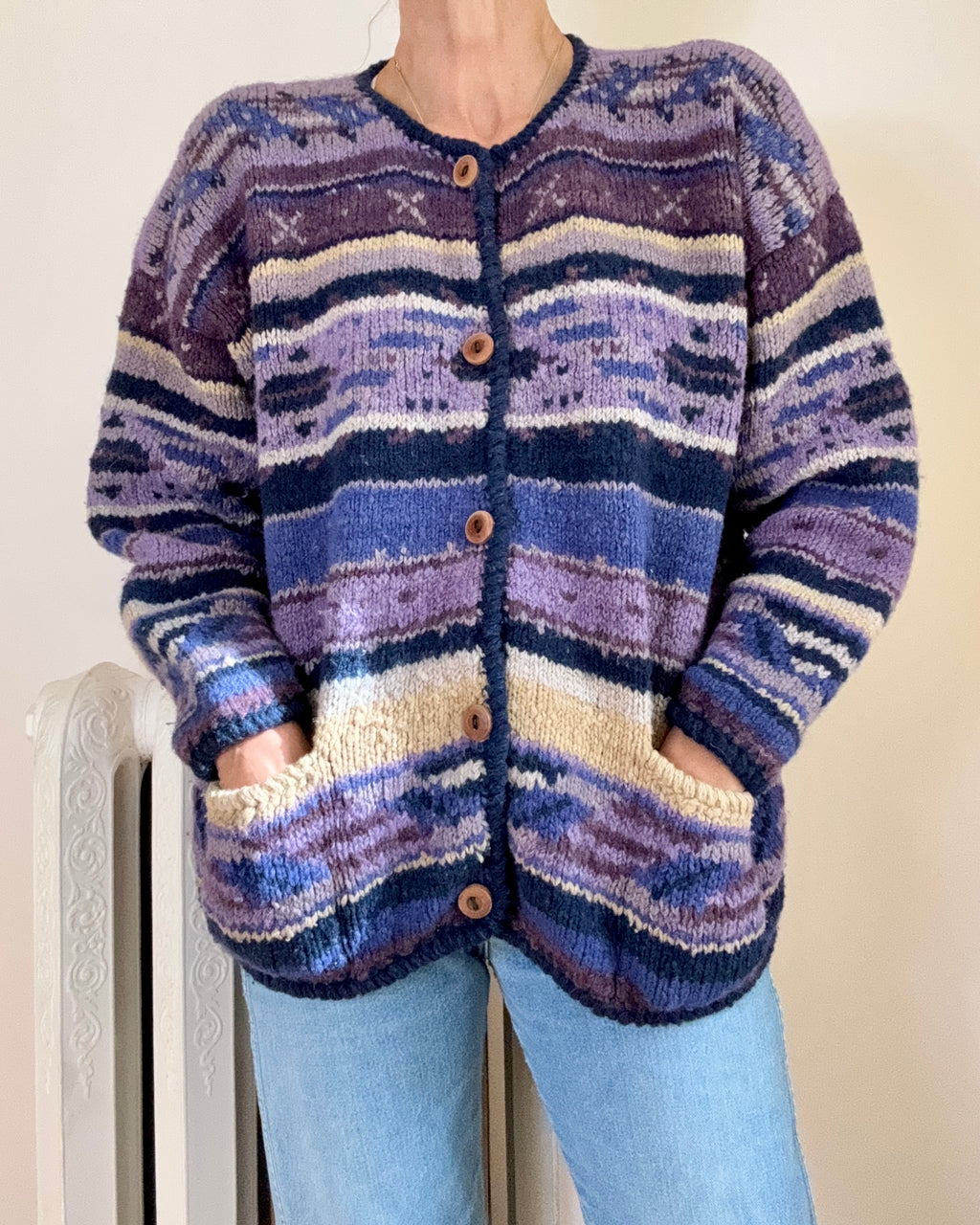 Vintage 1990s AMANO Handknit Purple Wool Stripe and Pattern Cardigan Sweater Knit M ML Made in Bolivia