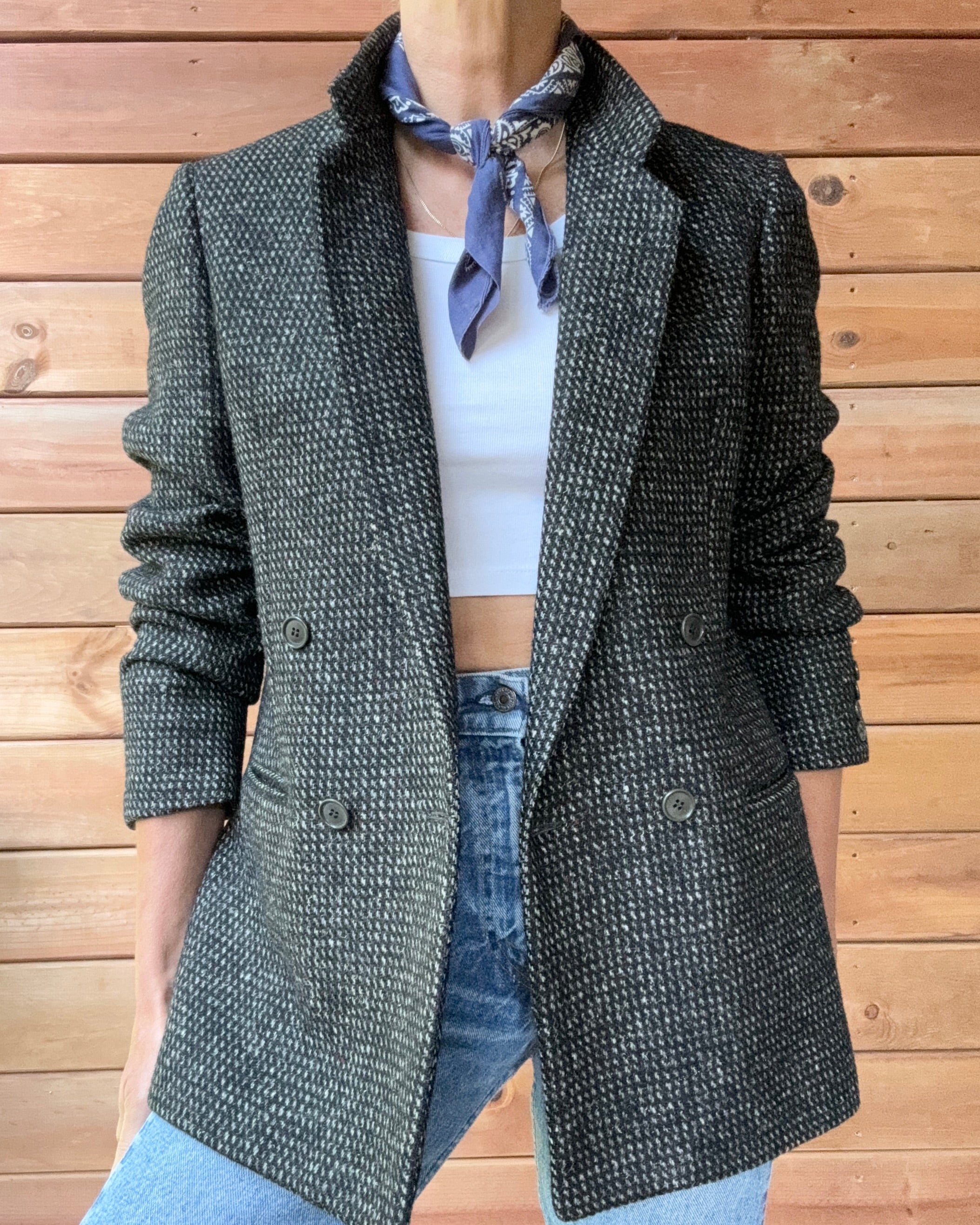 Vintage 1980s SAMUELSOHN Women's Double Breasted Black and Grey Wool Tweed Blazer M