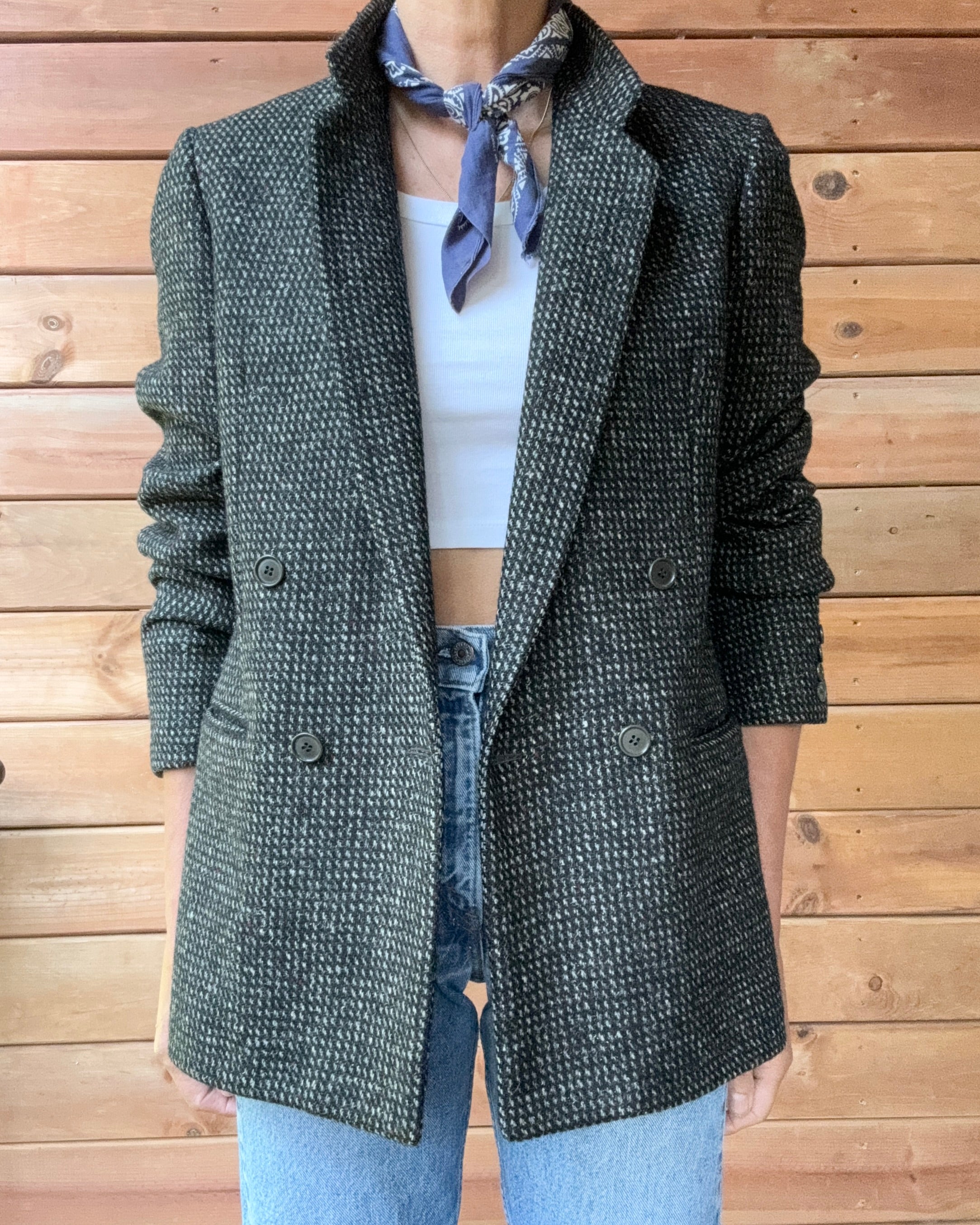 Vintage 1980s SAMUELSOHN Women's Double Breasted Black and Grey Wool Tweed Blazer M