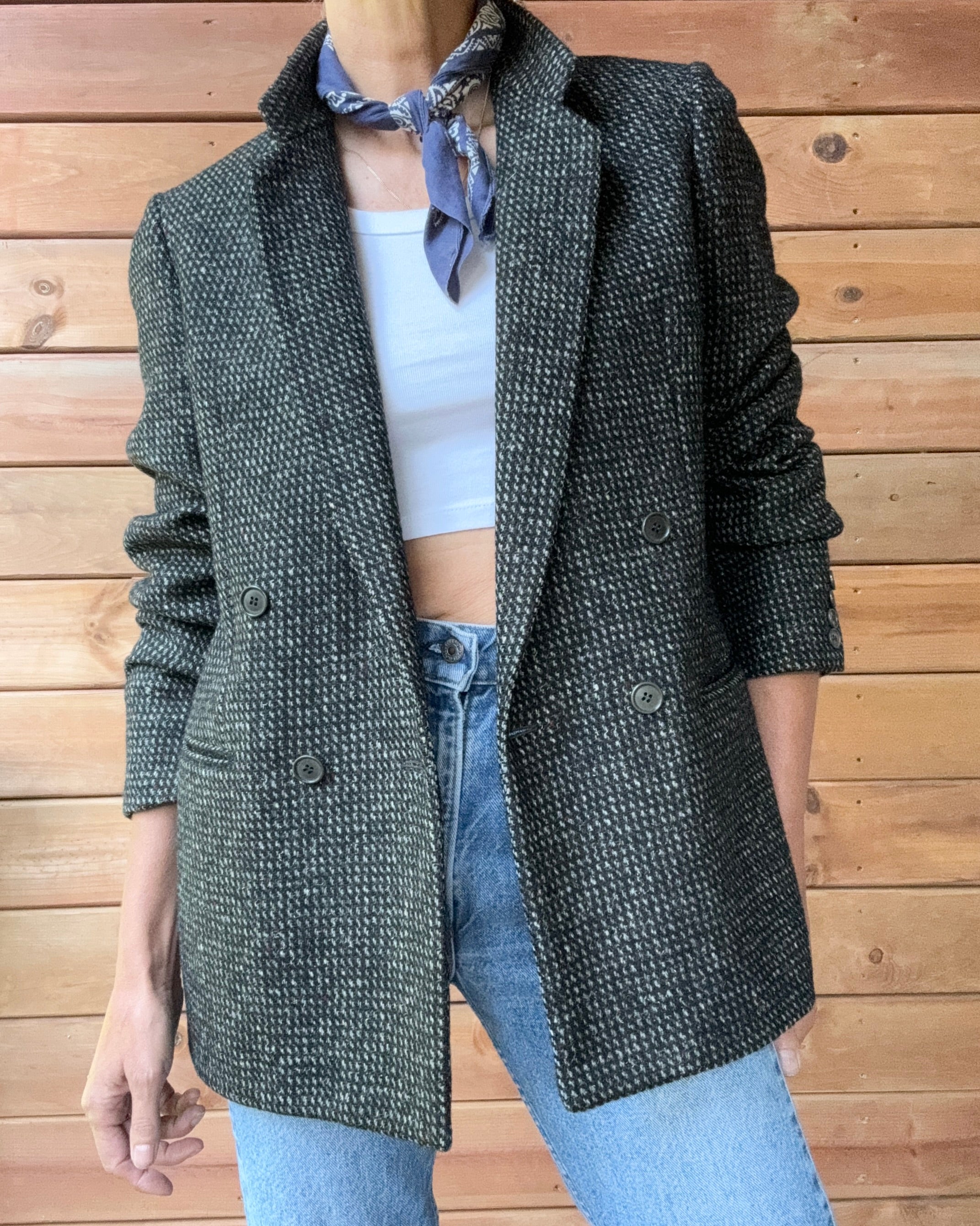 Vintage 1980s SAMUELSOHN Women's Double Breasted Black and Grey Wool Tweed Blazer M