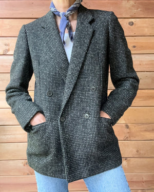 Vintage 1980s SAMUELSOHN Women's Double Breasted Black and Grey Wool Tweed Blazer M