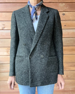 Vintage 1980s SAMUELSOHN Women's Double Breasted Black and Grey Wool Tweed Blazer M