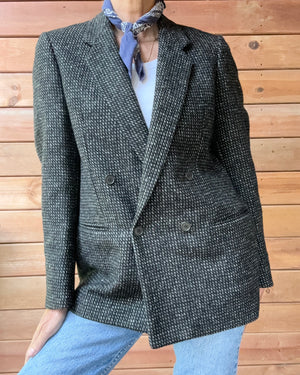 Vintage 1980s SAMUELSOHN Women's Double Breasted Black and Grey Wool Tweed Blazer M