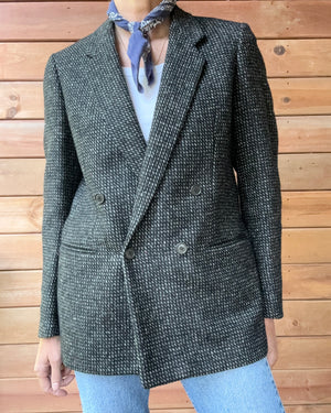 Vintage 1980s SAMUELSOHN Women's Double Breasted Black and Grey Wool Tweed Blazer M