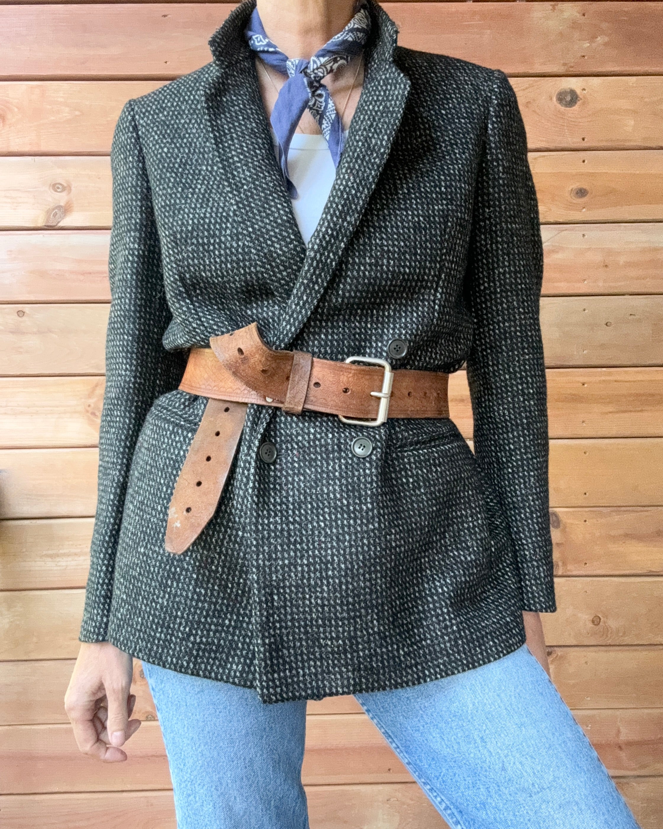 Vintage 1980s SAMUELSOHN Women's Double Breasted Black and Grey Wool Tweed Blazer M