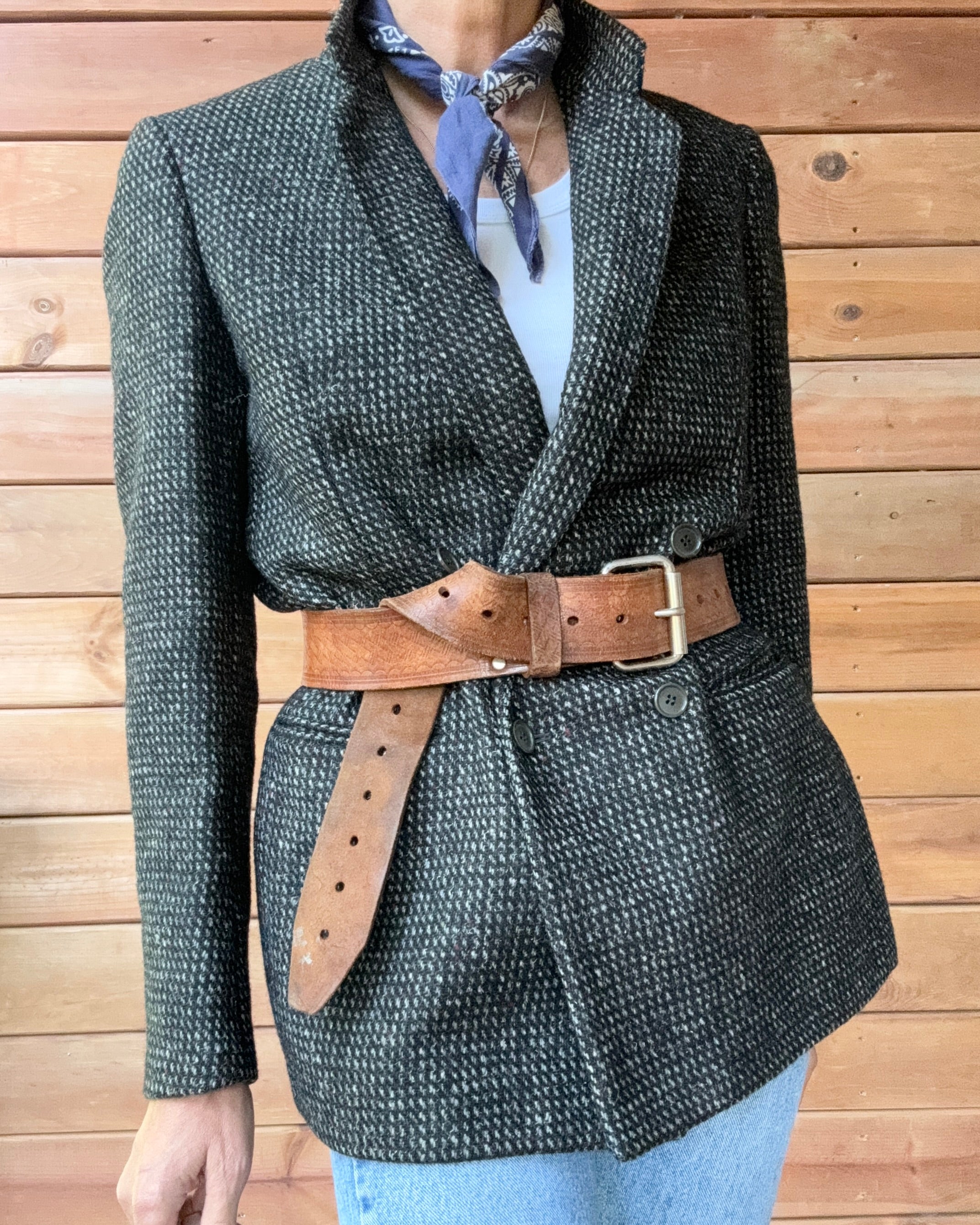 Vintage 1980s SAMUELSOHN Women's Double Breasted Black and Grey Wool Tweed Blazer M