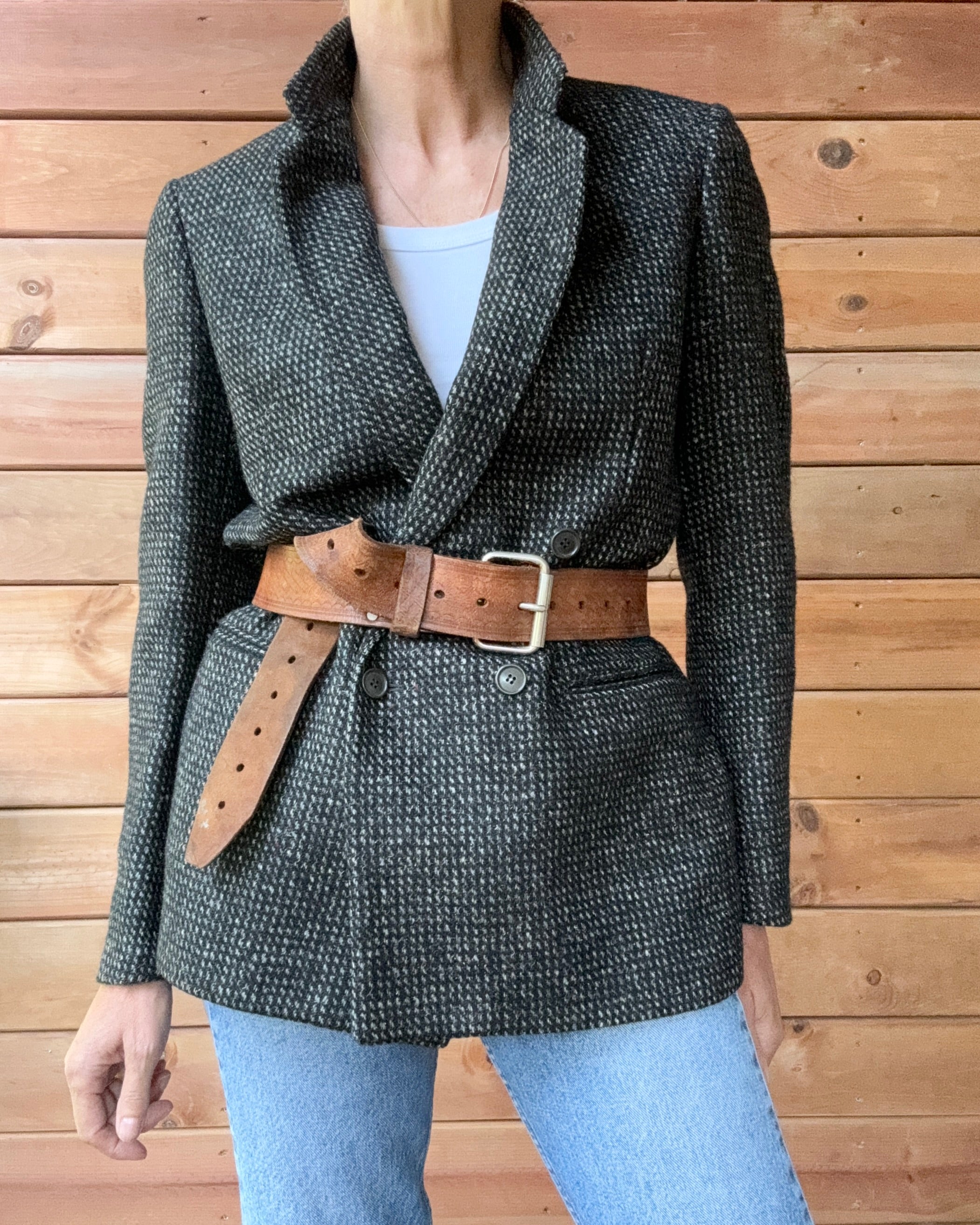 Vintage 1980s SAMUELSOHN Women's Double Breasted Black and Grey Wool Tweed Blazer M