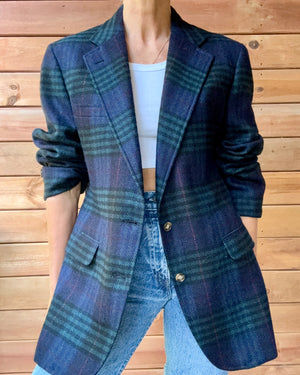 Vintage 1990s Mens Double Plaid Check Tartan Navy and Green Wool Blazer L