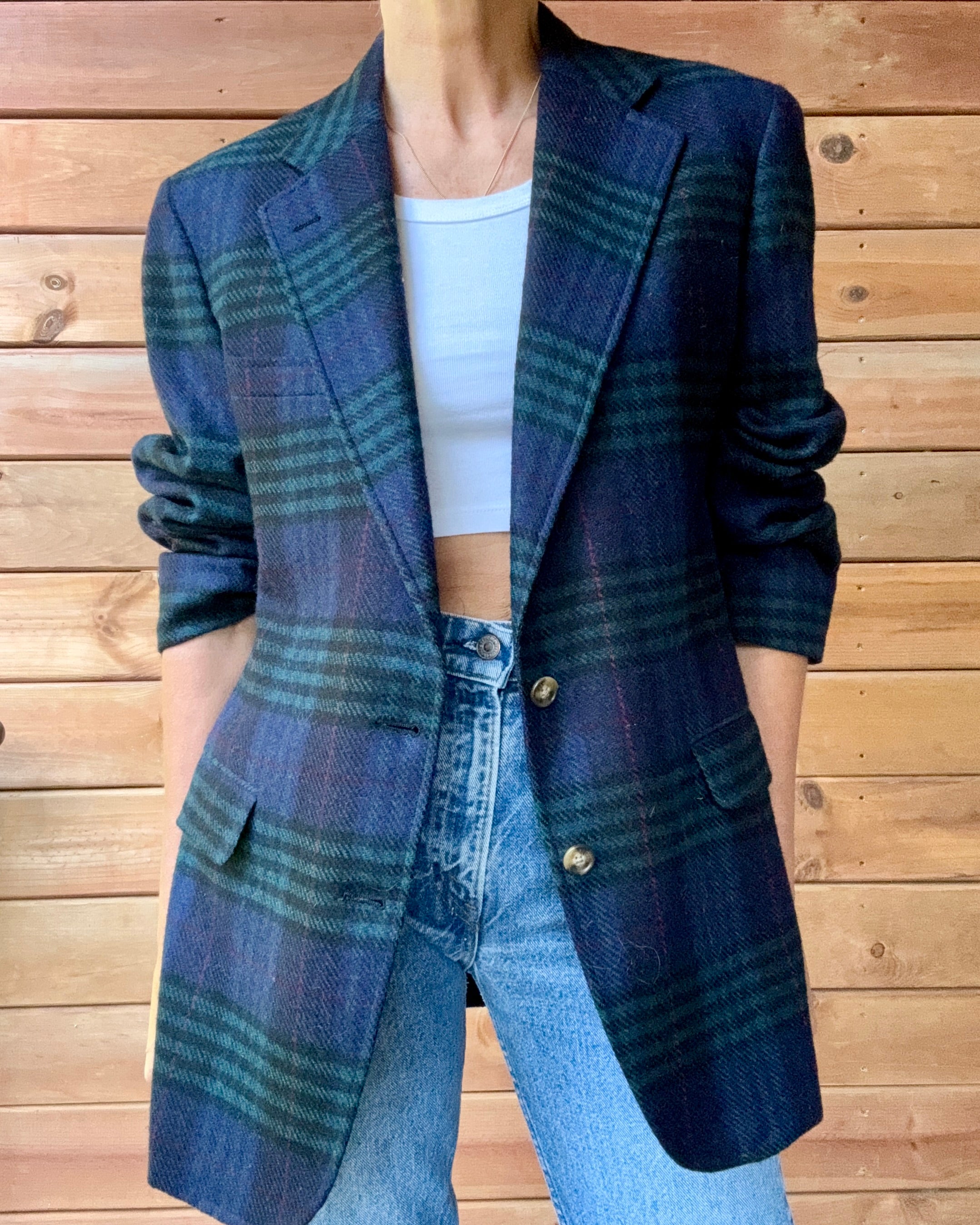 Vintage 1990s Mens Double Plaid Check Tartan Navy and Green Wool Blazer L