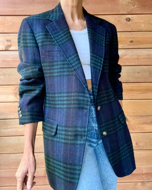 Vintage 1990s Mens Double Plaid Check Tartan Navy and Green Wool Blazer L