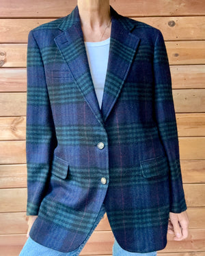 Vintage 1990s Mens Double Plaid Check Tartan Navy and Green Wool Blazer L