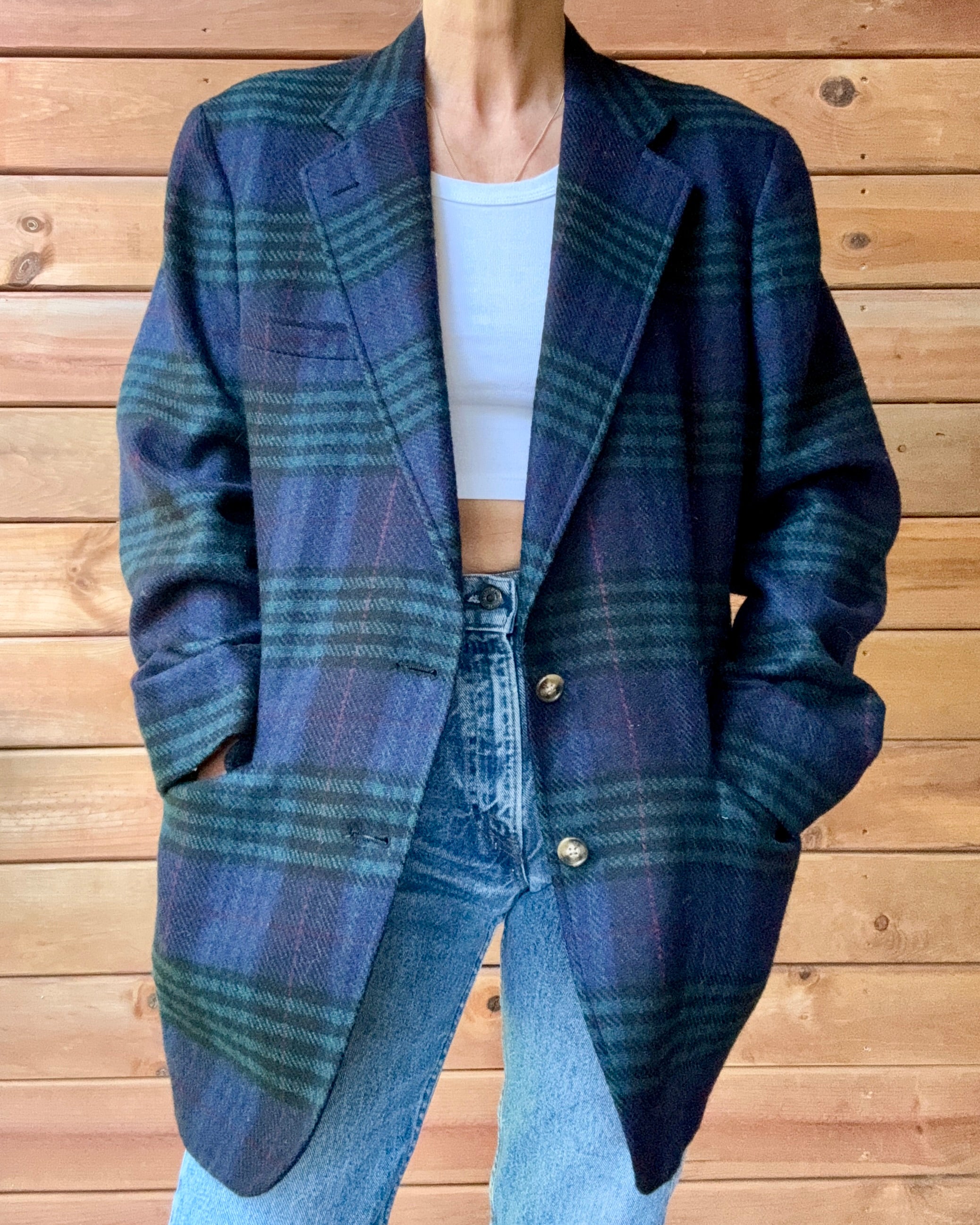 Vintage 1990s Mens Double Plaid Check Tartan Navy and Green Wool Blazer L