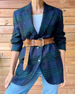 Vintage 1990s Mens Double Plaid Check Tartan Navy and Green Wool Blazer L