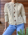 Vintage Handknit Cream Aran Cable Fisherman Sweater Cardigan XS S of