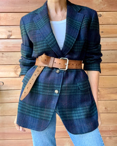 Vintage 1990s Mens Double Plaid Check Tartan Navy and Green Wool Blazer L