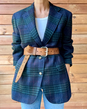 Vintage 1990s Mens Double Plaid Check Tartan Navy and Green Wool Blazer L