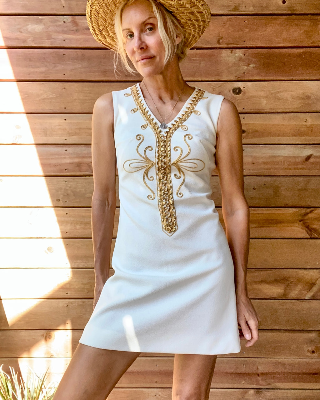 Vintage 1960s The House of NU-MODE White Crepe Mod Go-go Aline Mini Caftan Dress With Gold Cord Embroidery Size S