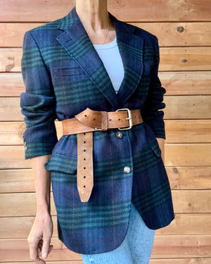 Vintage 1990s Mens Double Plaid Check Tartan Navy and Green Wool Blazer L