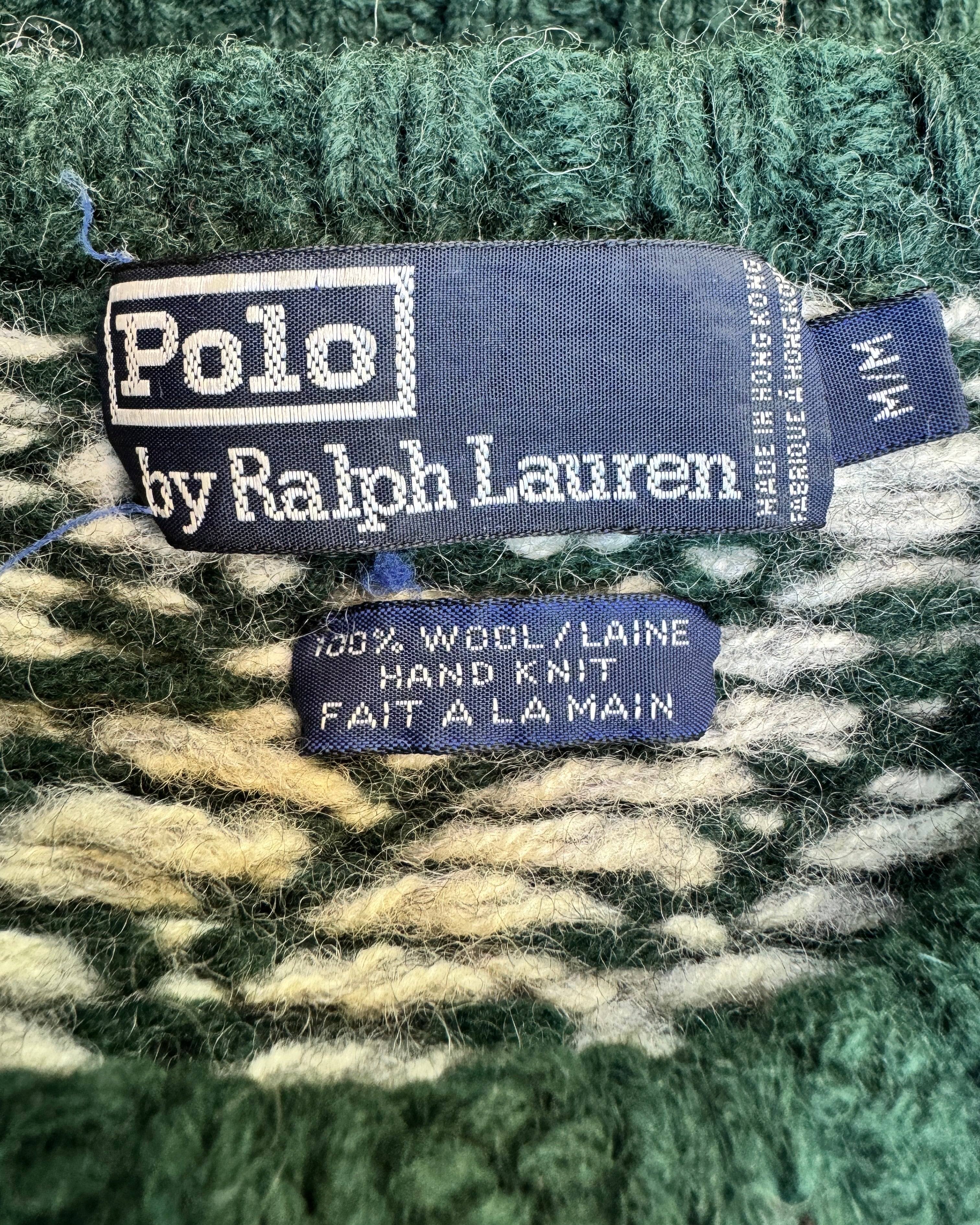 Vintage 1980s POLO Ralph Lauren Handknit Green and Grey Printed Sweater M L