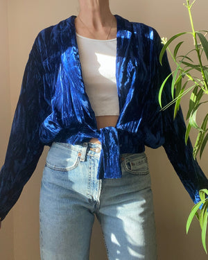 Vintage 1980s NORMA KAMALI Blue Crinkled / Crushed Velvet Blazer With Tie M L