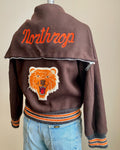 Vintage 1970s KAYE BROS Brown & Orange Wool Embroidered VarsityCollege Letterman Snap Jacket Bomber With Hood XS S