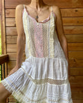 Y2K Off white Linen Tired Dress with Embroidery and Lace Summer Beach Dress Made in France Size SM or M