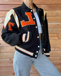 Vintage 1970s FLYNNTAN Black Cream & Orange Wool Embroidered Letterman Varsity College Snap Jacket Bomber M L 40