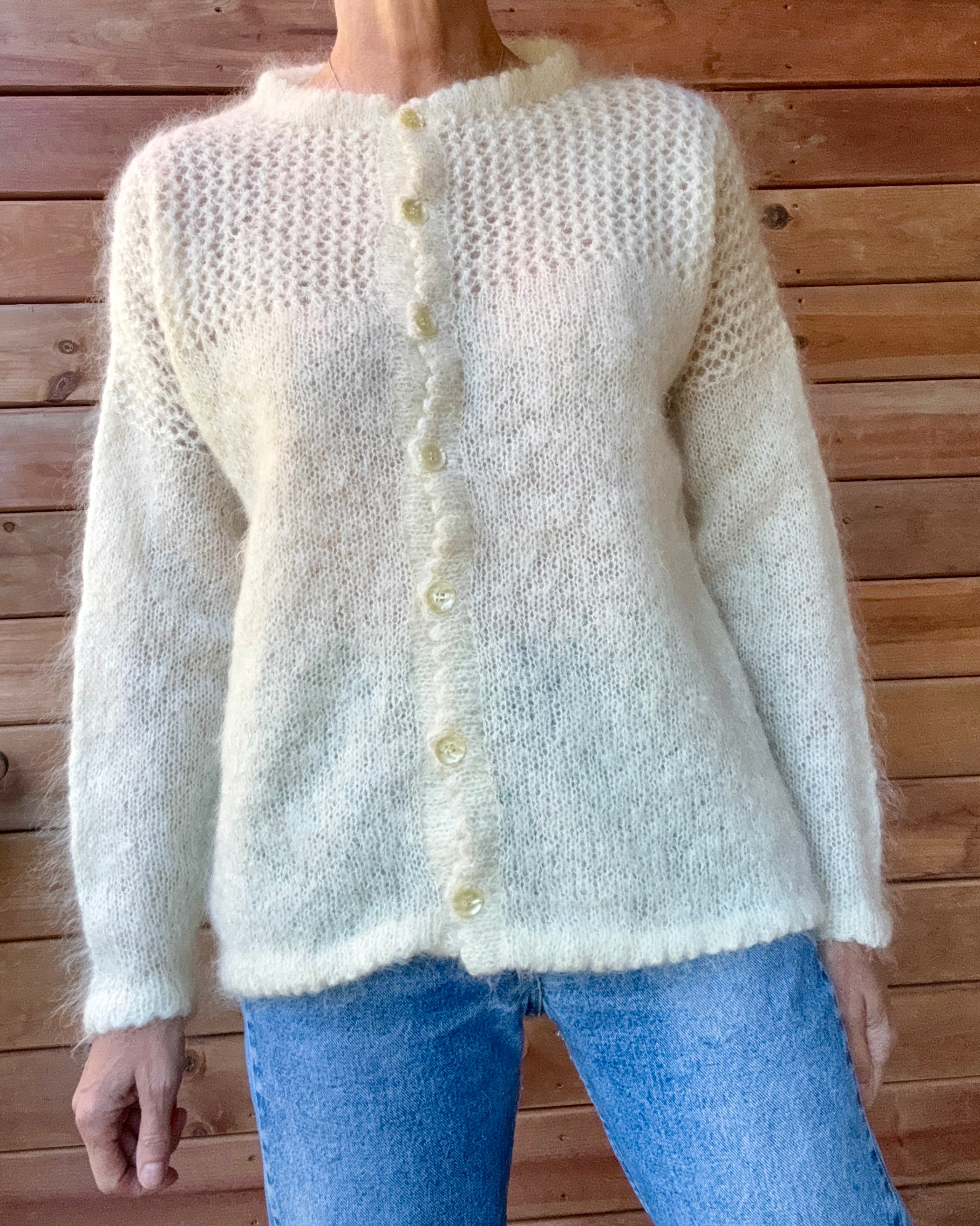 Vintage Handknit Cream Mohair Pointelle Crochet Cardigan Sweater M