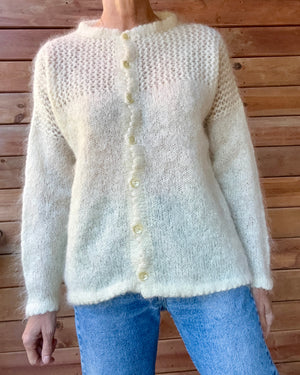 Vintage Handknit Cream Mohair Pointelle Crochet Cardigan Sweater M