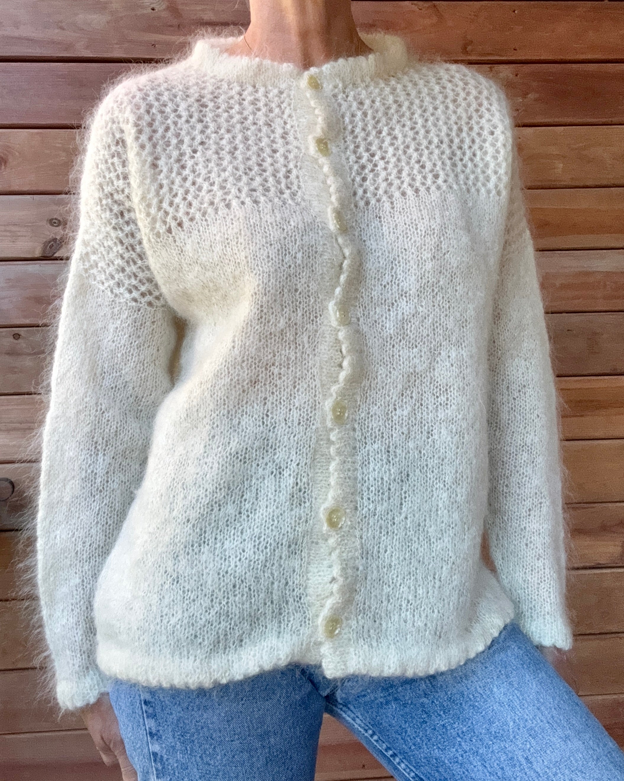 Vintage Handknit Cream Mohair Pointelle Crochet Cardigan Sweater M