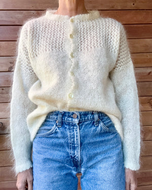 Vintage Handknit Cream Mohair Pointelle Crochet Cardigan Sweater M