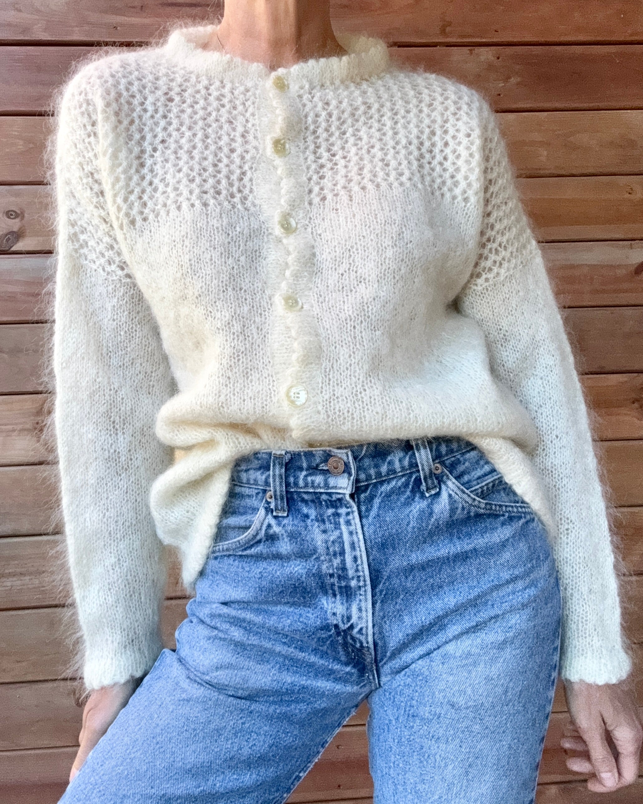 Vintage Handknit Cream Mohair Pointelle Crochet Cardigan Sweater M