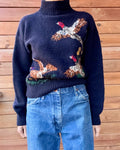 VINTAGE 1990s RUFF HEWN Navy Wool Pheasant Birds Mock Neck Sweater Jumper Pullover M