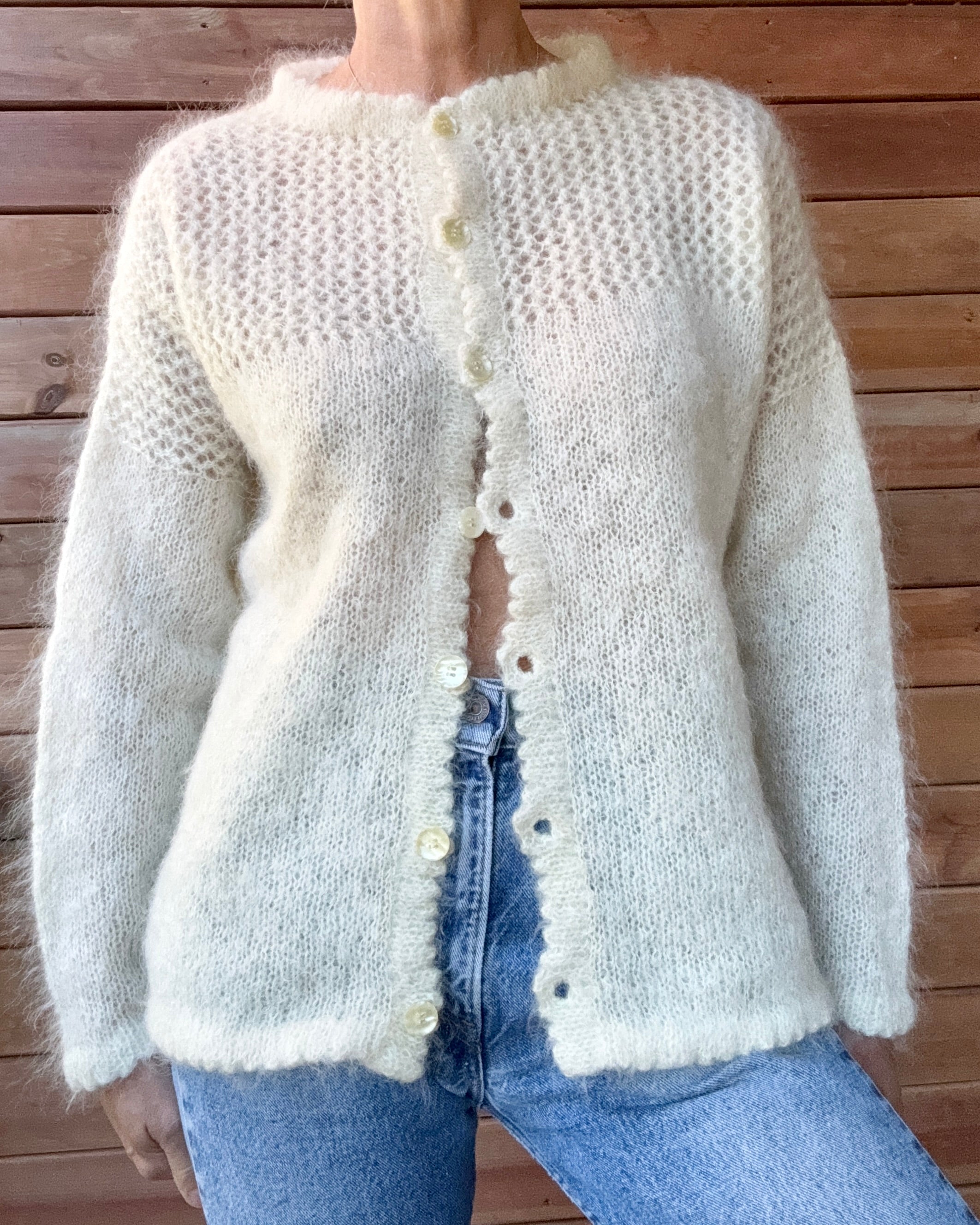 Vintage Handknit Cream Mohair Pointelle Crochet Cardigan Sweater M