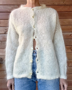 Vintage Handknit Cream Mohair Pointelle Crochet Cardigan Sweater M