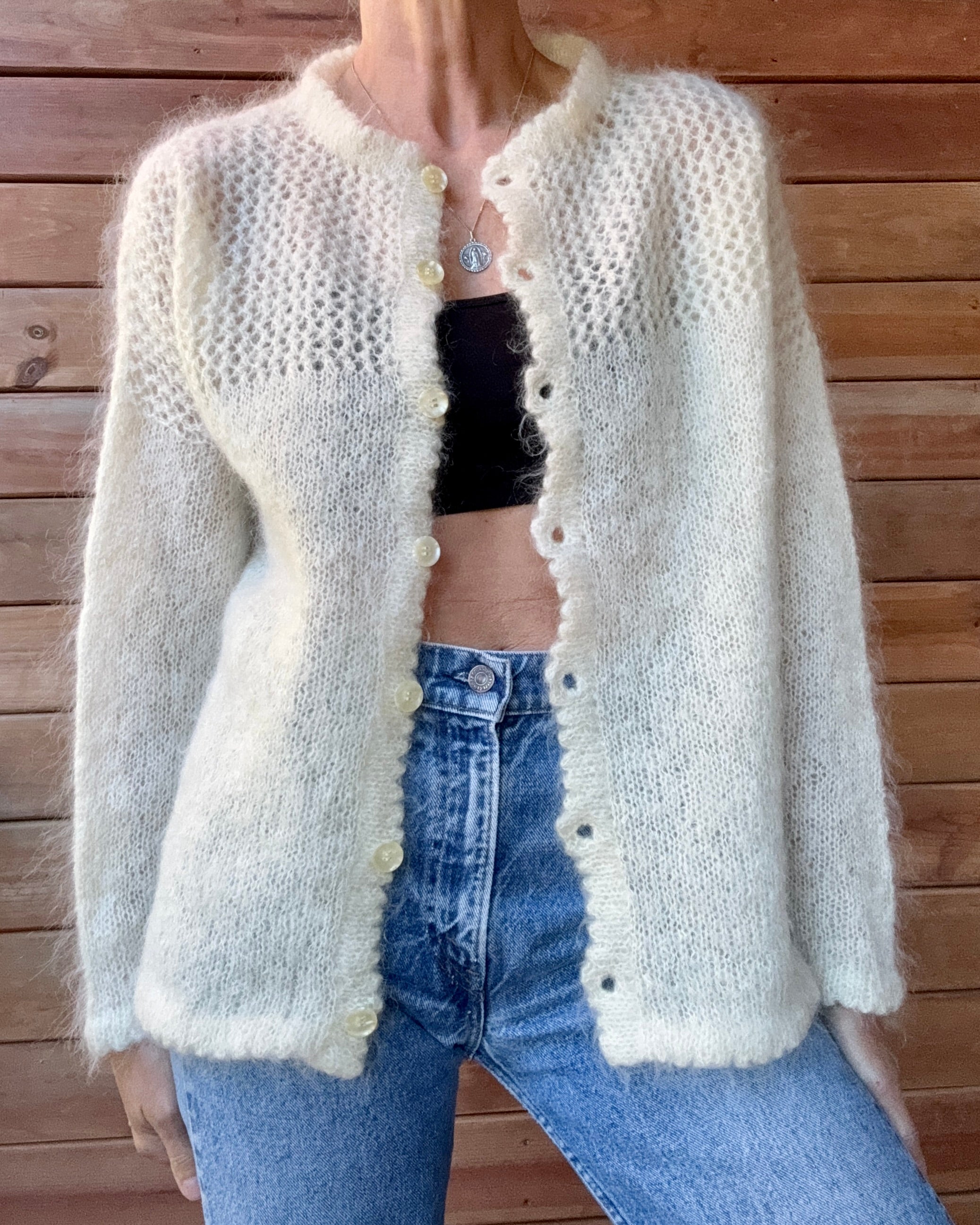 Vintage Handknit Cream Mohair Pointelle Crochet Cardigan Sweater M