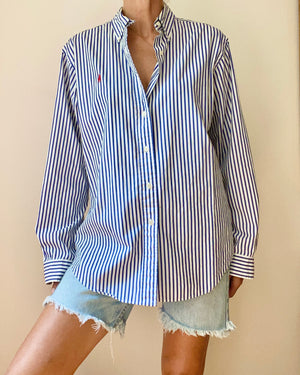 Vintage Ralph Lauren Blue and White Stripe Button Down Shirt L