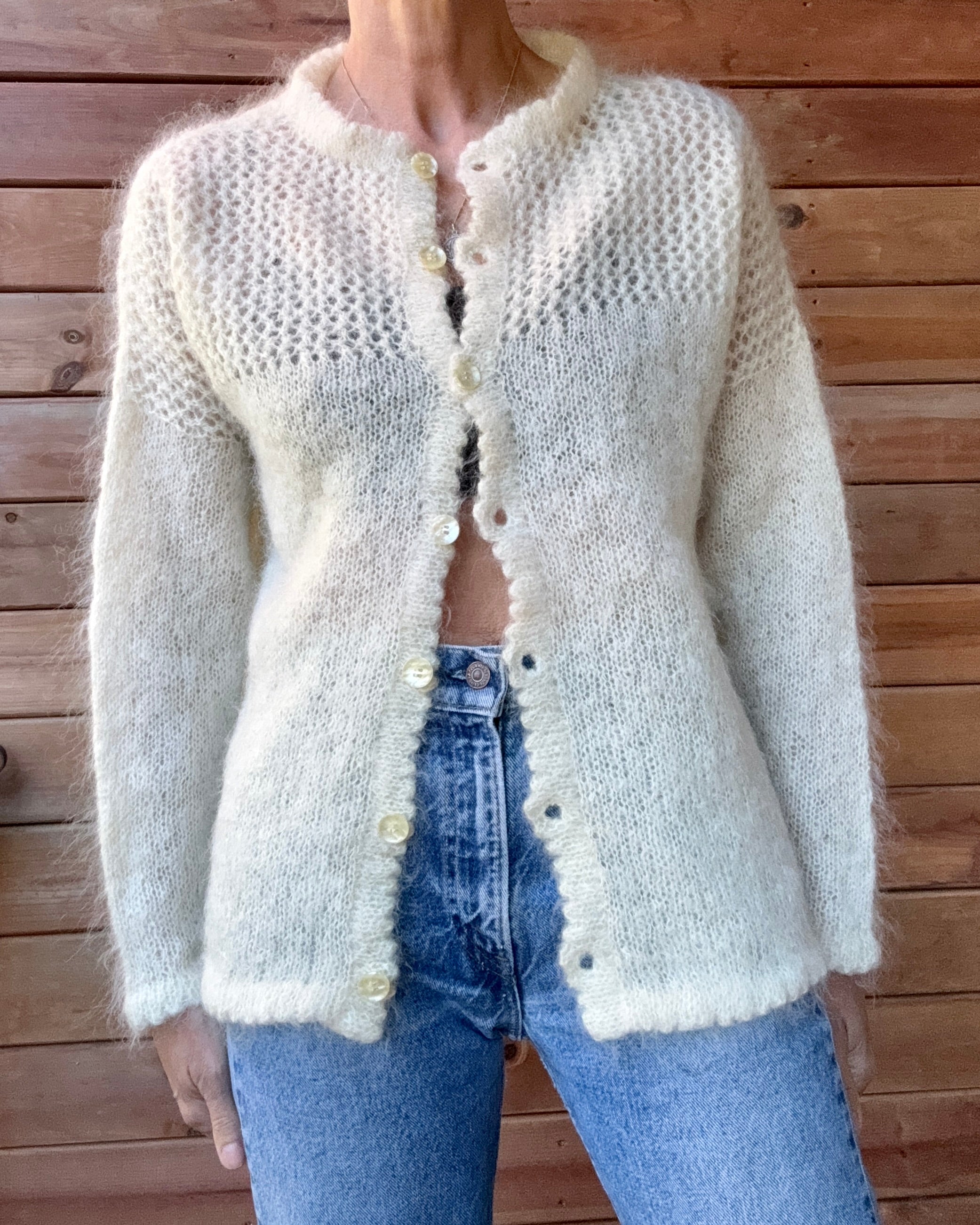 Vintage Handknit Cream Mohair Pointelle Crochet Cardigan Sweater M