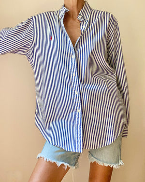 Vintage Ralph Lauren Blue and White Stripe Button Down Shirt L